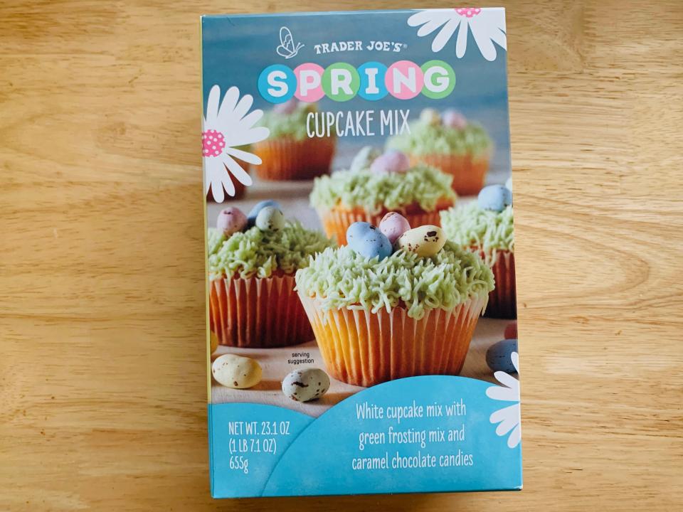 blue box of Trader Joe's spring cupcake mix