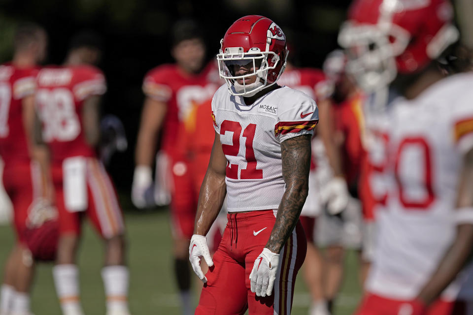 Kansas City Chiefs cornerback Trent McDuffie watches a drill during NFL football training camp Thursday, Aug. 11, 2022, in St. Joseph, Mo. (AP Photo/Charlie Riedel)