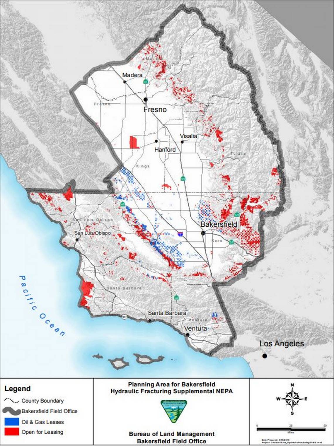 A map of the planning area for Bureau of Land Management Bakersfield Hydraulic Fracturing Supplemental NEPA.