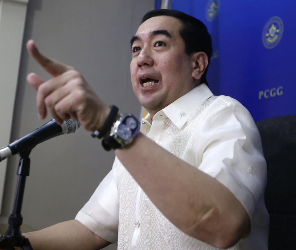 Andres Bautista, head of the Philippine Commission on Good Government (PCGG), which is tasked to recover the alleged ill-gotten wealth of the late strongman Ferdinand Marcos, speaks in a news conference at suburban Mandaluyong city, east of Manila, Philippines Wednesday, Feb. 12, 2014. The Philippine government has recovered more than $29 million from the Swiss accounts of late dictator Marcos and the search for more of his hidden wealth continues 28 years after he was toppled, the official said Friday. (AP Photo/Bullit Marquez)