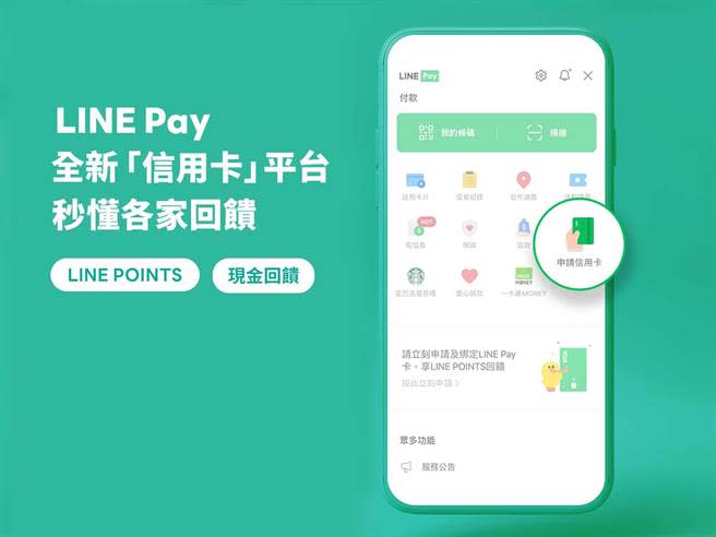 LINE Pay推出全新信用卡平台，用戶可輕鬆查詢銀行信用卡回饋方案並線上申請。（LINE Pay提供）