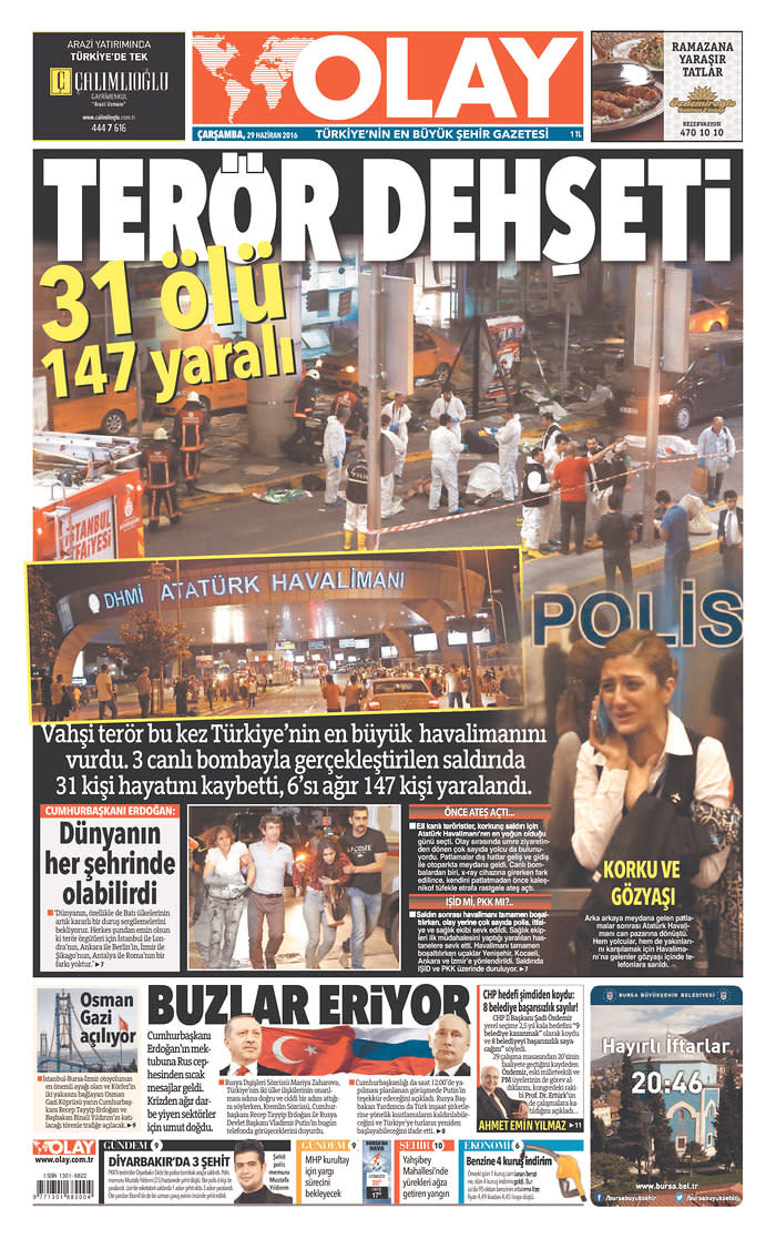 Front-page coverage of Istanbul's Ataturk Airport attack