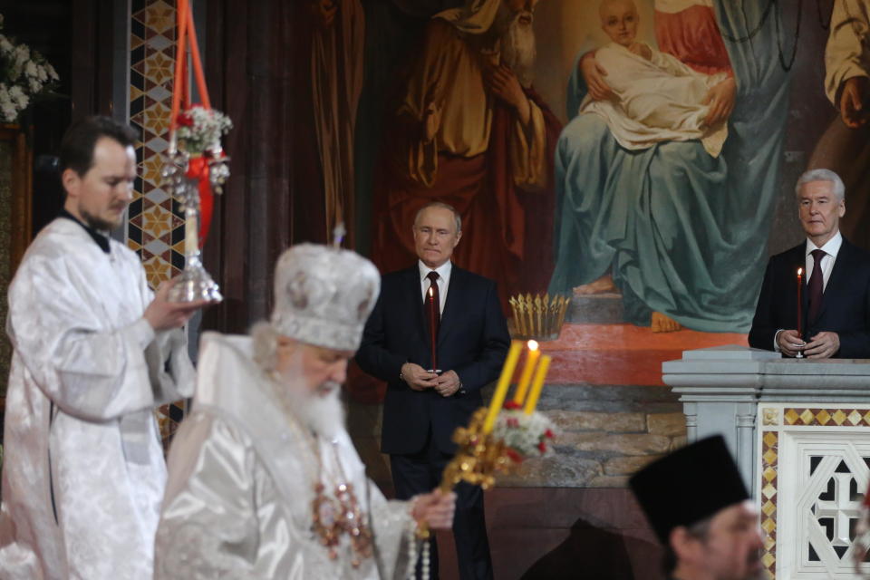 Russian President Vladimir Putin attends Orthodox Easter mass led by Russian Orthodox Patriarch Kirill at the Christ The Saviour Cathedral on April 24, 2022, in Moscow. / Credit: Getty