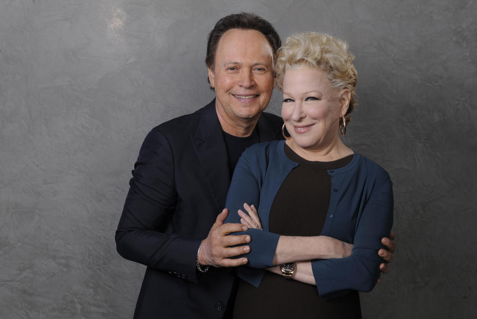 In this Saturday, Dec. 15, 2012 photo, Billy Crystal, left, and Bette Midler, cast members in the film "Parental Guidance," pose together for a portrait at the Ritz Carlton Hotel in Los Angeles. Longtime friends Crystal and Midler finally share the screen in “Parental Guidance,” in theaters Christmas Day. (Photo by Chris Pizzello/Invision/AP)