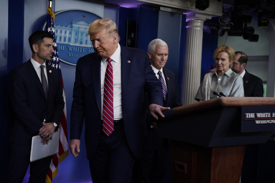 President Donald Trump leaves after speaking at a coronavirus task force briefing at the White House, Friday, March 20, 2020, in Washington. (AP Photo/Evan Vucci)