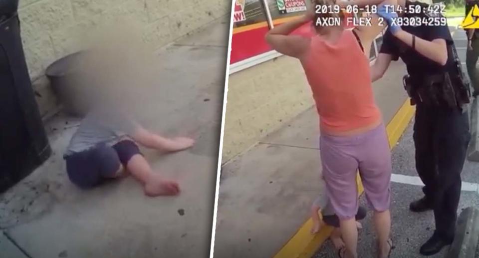 Amy Diane Moreland is arrested by police as her grandson sits on the pavement. Source: Volusia County Sheriff's Office