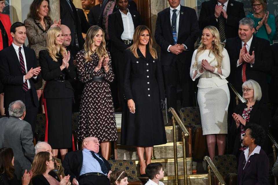 First lady Melania Trump, center, with family members, from left: Jared Kushner and Ivanka Trump, Lara Trump and Tiffany Trump. (Photo: Mandel Ngan/AFP/Getty Images)