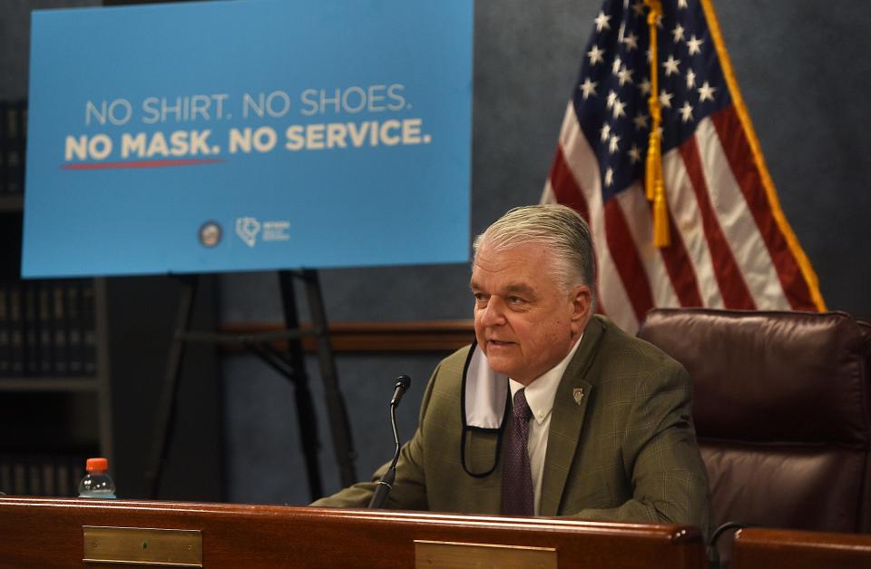 Nevada Gov.Steve Sisolak speaks during a press conference in the Nevada State Legislature Building in Carson City on June 24, 2020.