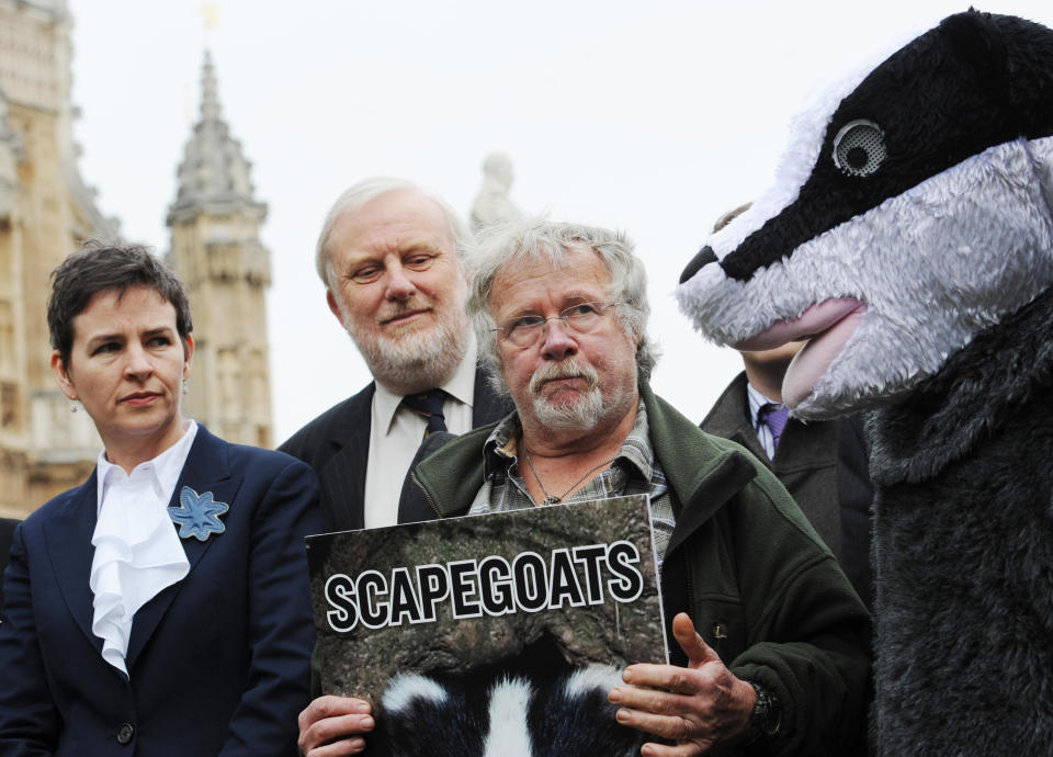 Bill Oddie, and MPs Mary Creagh and Andrew Miller attend an event in Westminster, London, to support the Humane Society's complaint against a badger cull to the EU's Bern Convention, which protects wild species. (Photo by Stefan Rousseau/PA Images via Getty Images)