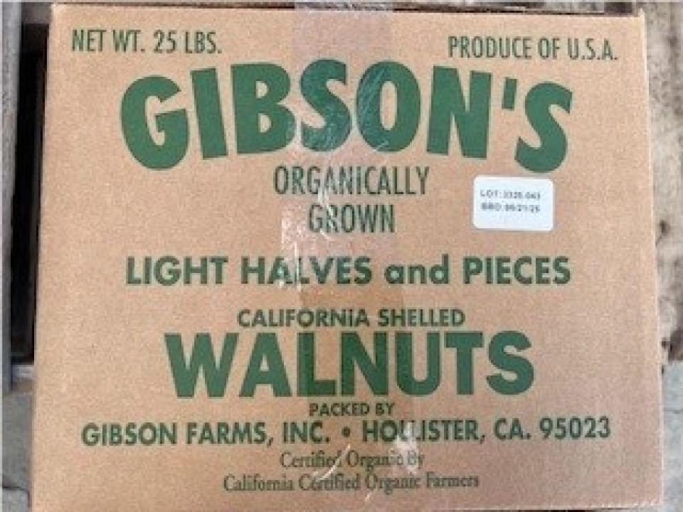 Gibson Farms in Hollister, California voluntarily recalled its Organic Light Halves and Pieces shelled walnuts from store shelves on Tuesday April 30, 2024, after 12 people in California and Washington reported they were ill, according to the U.S. Food and Drug Administration.