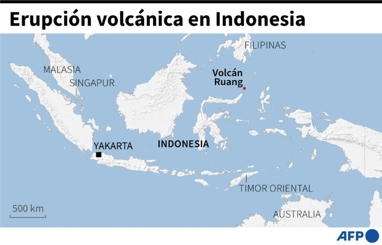 Mapa de Indonesia localizando el volcán le volcan Ruang, que volvió a entrar en erupción