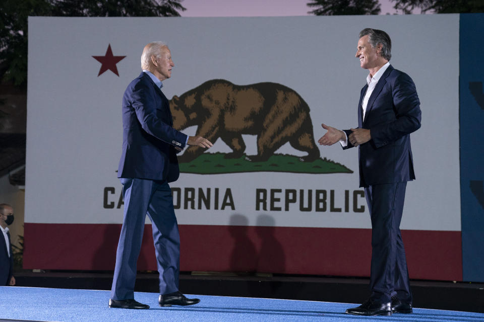 President Joe Biden arrives at a get out the vote rally for Gov. Gavin Newsom, D-Calif., at Long Beach City College, Monday, Sept. 13, 2021, in Long Beach, Calif., as Newsom faces a recall election on Tuesday. (AP Photo/Evan Vucci)