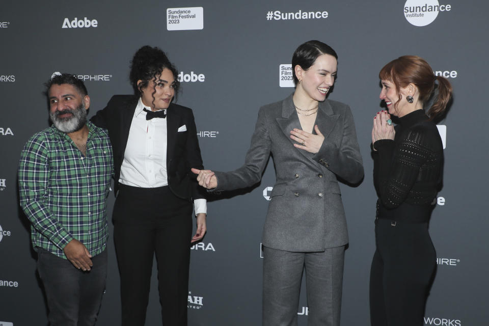 From left to right, actors Parvesh Cheena, Brittany O'Grady, actor and producer Daisy Ridley, and Bree Elrod pose at the "Sometimes I Think About Dying," premiere during the 2023 Sundance Film Festival, Thursday, Jan. 19, 2023, in Park City, Utah. (Photo by Danny Moloshok/Invision/AP)