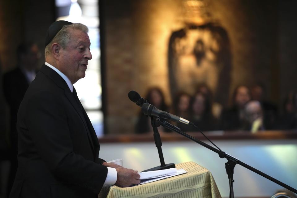 Former Vice President Al Gore speaks at the funeral for former Sen. Joe Lieberman in Stamford, Conn., Friday, March. 29, 2024. (AP Photo/Bryan Woolston)