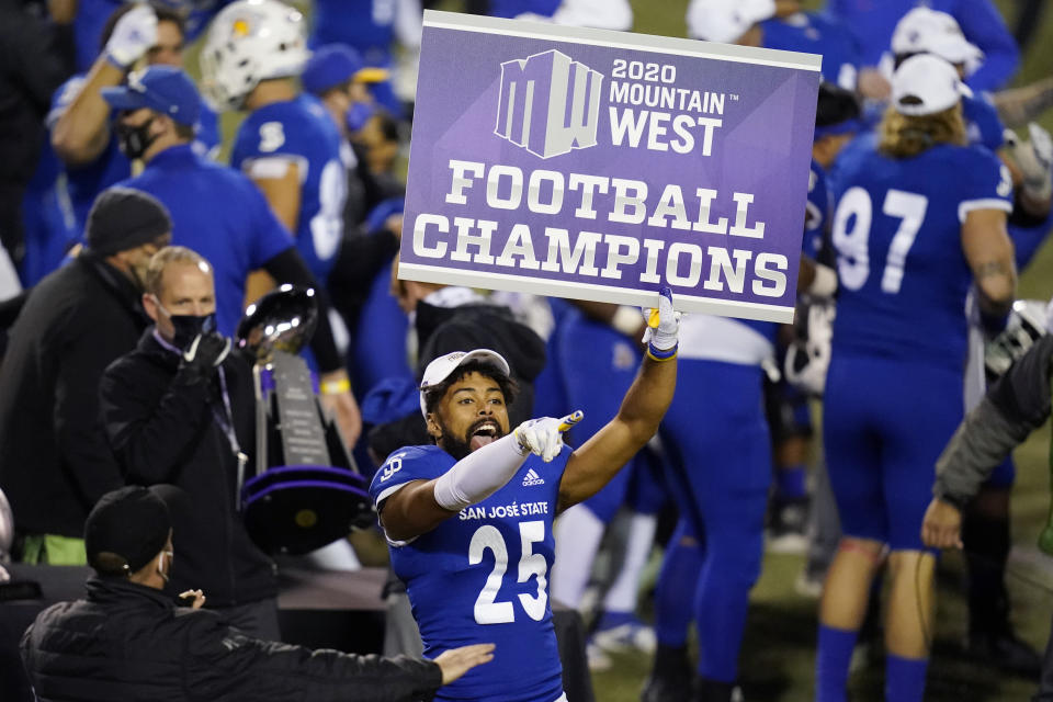 San Jose State cornerback Charlie Bostic (25) celebrates after defeating Boise State in an NCAA college football game for the Mountain West championship, Saturday, Dec. 19, 2020, in Las Vegas. (AP Photo/John Locher)