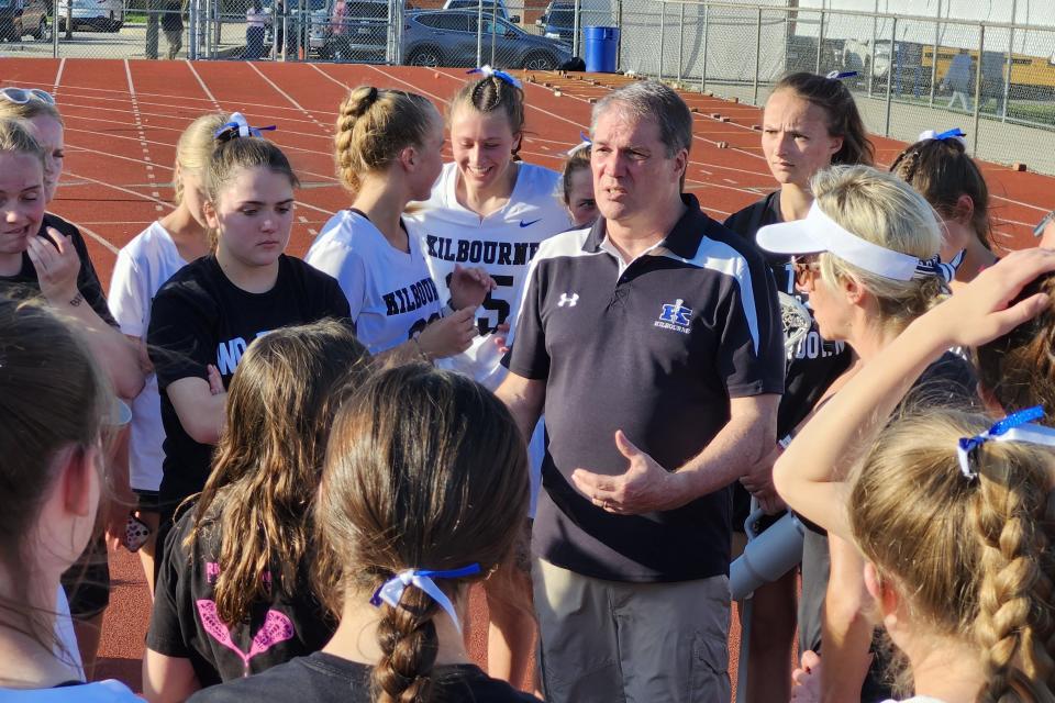 Worthington Kilbourne coach Doug Troutner talks to his team after a 15-6 win over Thomas Worthington on Sunday.