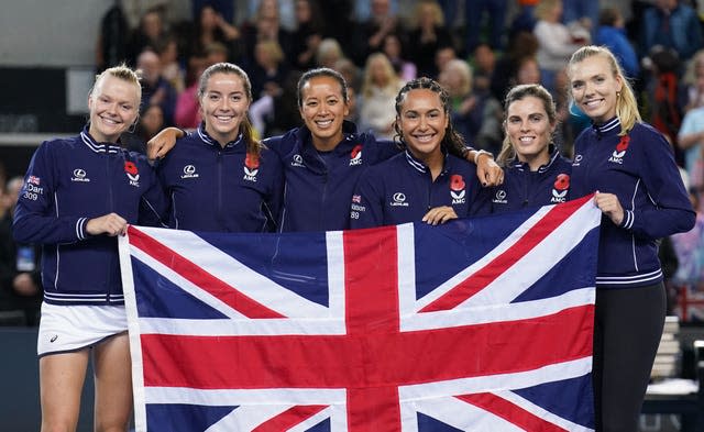 The British team celebrate their victory 