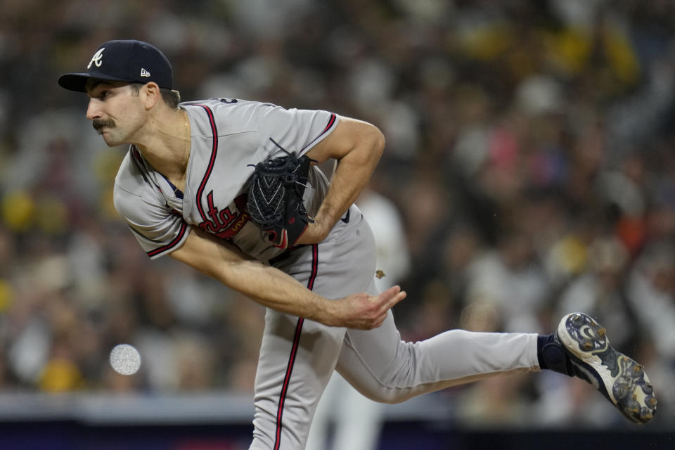 Atlanta Braves starting pitcher Spencer Strider works against a San Diego Padres batter during the sixth inning of a baseball game Tuesday, April 18, 2023, in San Diego. (AP Photo/Gregory Bull)