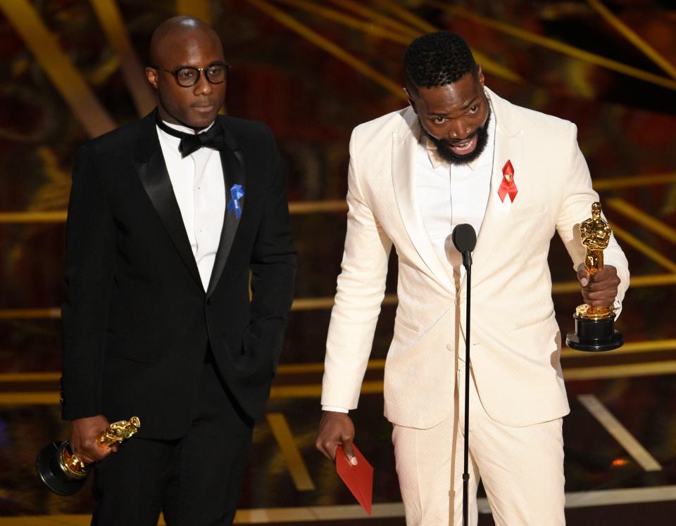 Accepting the best adapted screenplay Oscar in 2017, "Moonlight" co-writers Barry Jenkins and Tarell Alvin McCraney delivered a timely message to LGBTQ youth in the wake of then-President Donald Trump's reversal of transgender bathroom policies. "For all you people out there who feel there is no mirror for you.... we have your back," Jenkins said. "For the next four years, we will not leave you alone, we will not forget you."