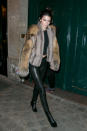 <p>Jenner covered up for a stroll through Paris, Friday evening, wearing an ultra-plush fur jacket, leather (or at least leather-look!) leggings, and some pointy stiletto, lace-up booties. It’s a sexy, more sophisticated look for the 19-year-old, who’s more prone to showing skin than looking cozy. We just hope she steered clear of any PETA protesters who may have also been in town for Fashion Week…</p>