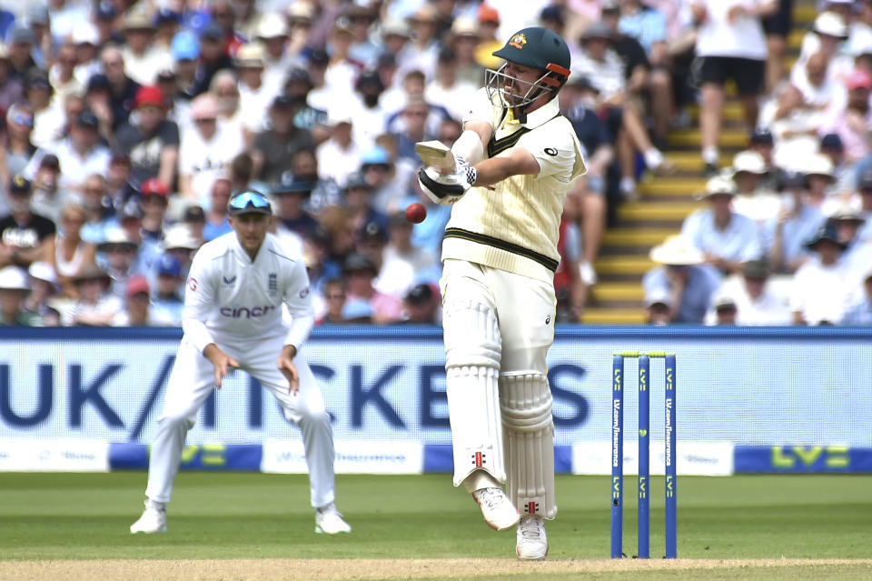 Australia's Travis Head plays a shot during day two of the first Ashes Test cricket match between England and Australia at Edgbaston, Birmingham, England, Saturday, June 17, 2023. (AP Photo/Rui Vieira)