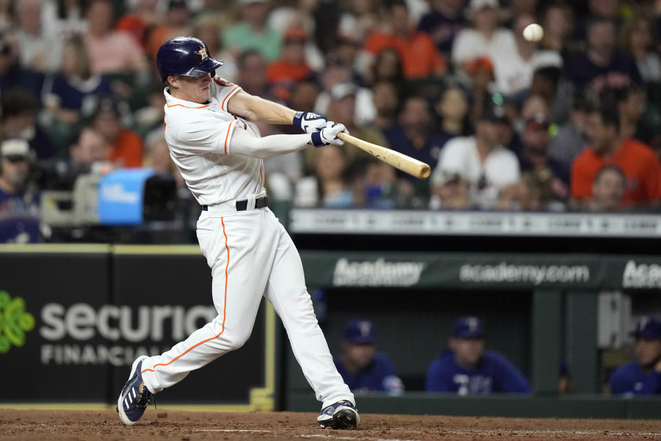 Houston Astros' Myles Straw hits a home run against the Texas Rangers during the fourth inning of a baseball game Wednesday, June 16, 2021, in Houston. (AP Photo/David J. Phillip)