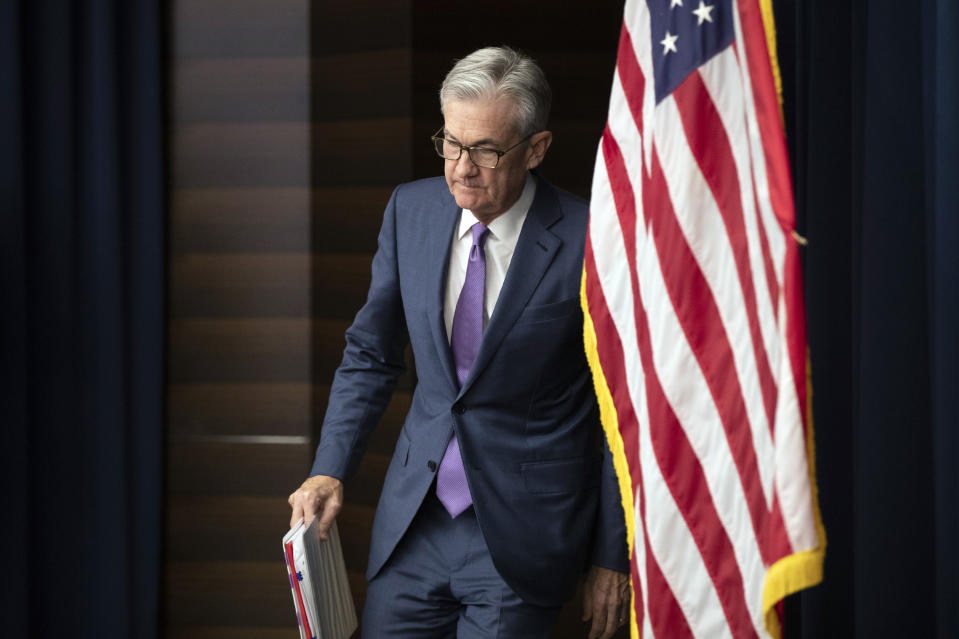 FILE - In this July 31, 2019, file photo Federal Reserve Chairman Jerome Powell walks to the podium during a news conference following a two-day Federal Open Market Committee meeting in Washington. On Wednesday, Sept. 18, the Federal Reserve releases its latest monetary policy statement. (AP Photo/Manuel Balce Ceneta, File)