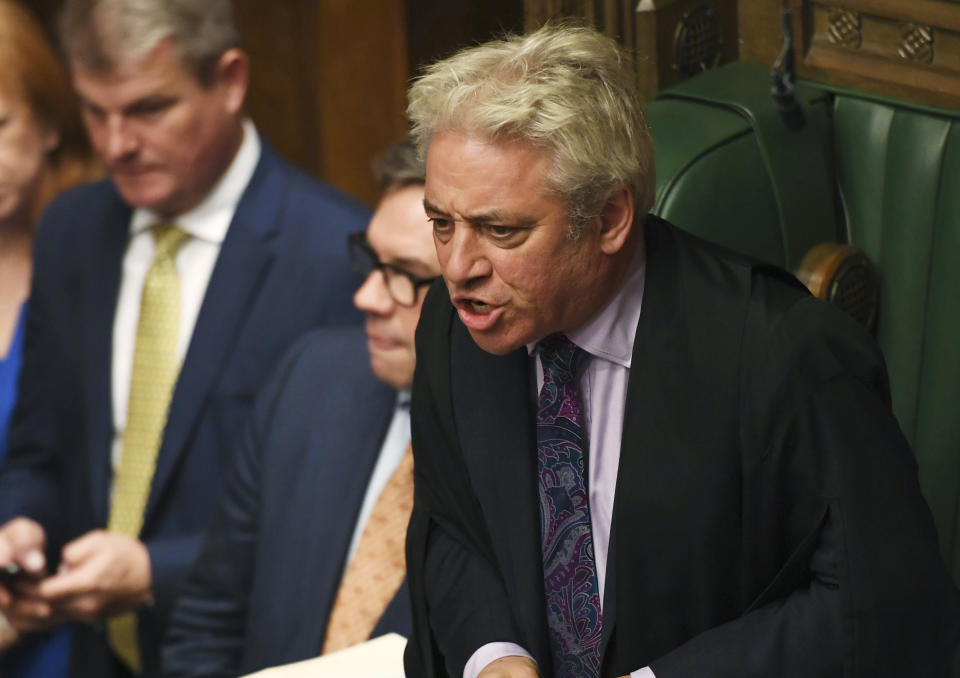 The Speaker of the House of Commons John Bercow speaks to lawmakers during an election debate in the House of Commons, London, Monday Oct. 28, 2019. Lawmakers on Monday rejected Johnson's call for a December national election, in the hope of breaking the political deadlock over Brexit. (Jessica Taylor/House of Commons via AP)