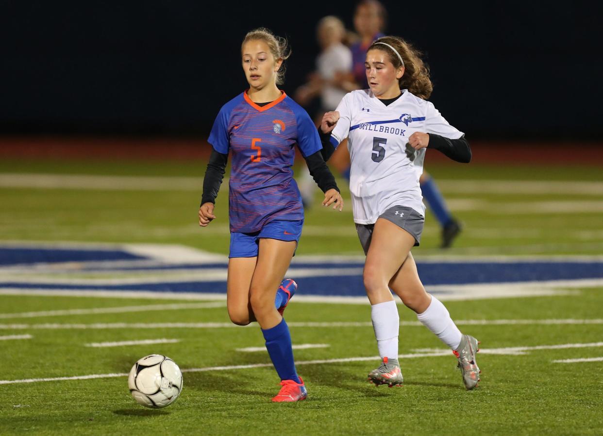 MIDDLETOWN, NY - OCTOBER 27: S.S. SewardÕs Taylor Vogt #5 dribbles the ball upfield at Middletown high school during the Section 9 Class C girls soccer championship on October 27, 2021 in Middletown, NY. (Photo by Edward Diller/For The Times Herald Record)