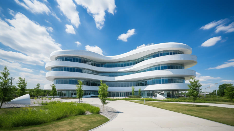 An exterior shot of the headquarters of the biopharmaceutical company under blue skies.