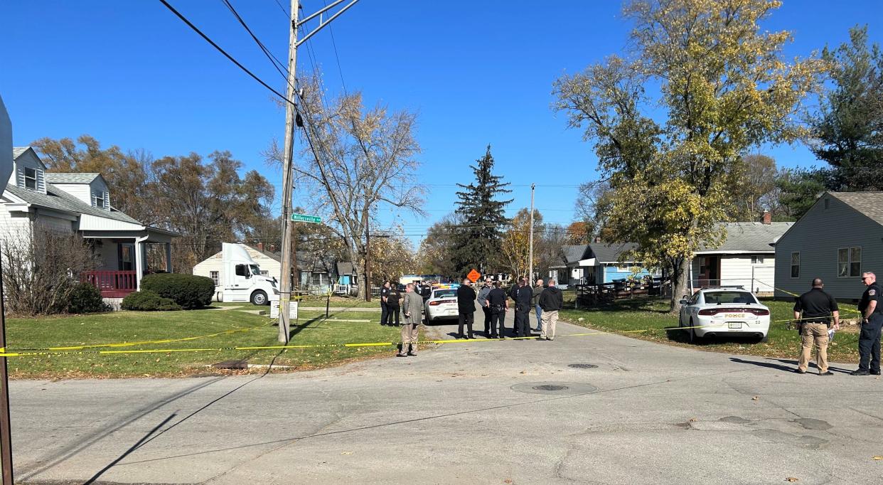 Indianapolis police tape blocks an area near the 3900 block of Caroline Avenue after police were involved in a shooting there about 11:10 a.m. Friday, Nov. 10, 2023.