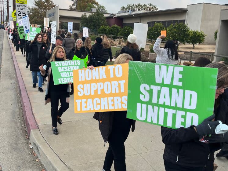 Teachers rally outside Covina-Valley Unified School District headquarters.