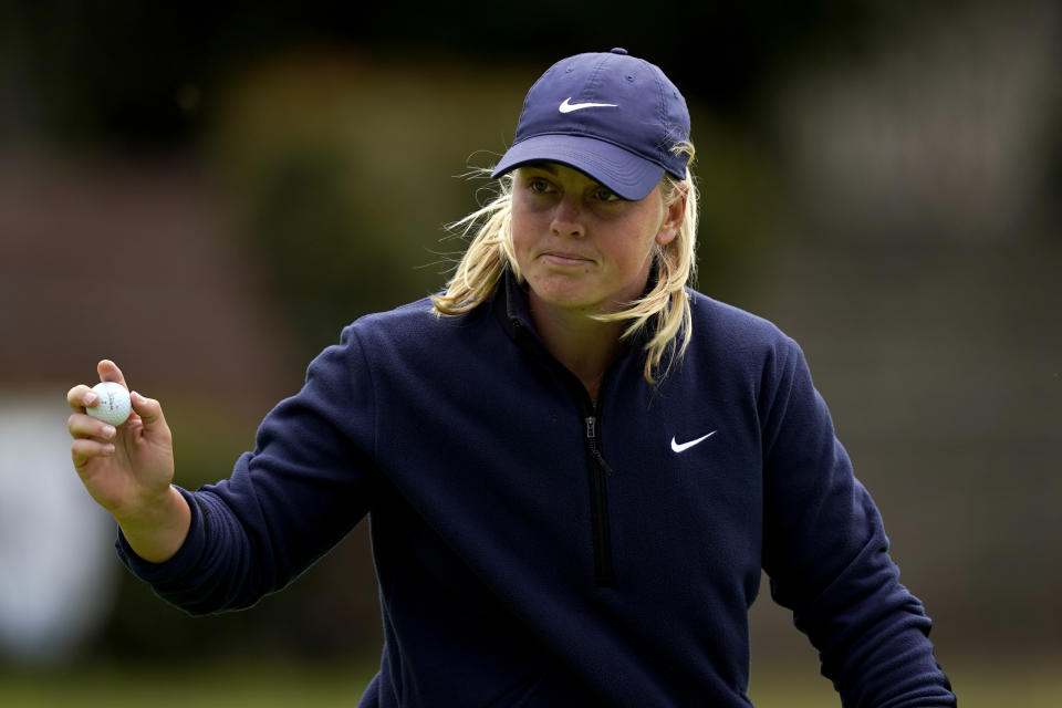 Maja Stark gestures after finishing on the ninth green during the first round of the LPGA LA Championship golf tournament at Wilshire Country Club, Thursday, April 25, 2024, in Los Angeles. (AP Photo/Ryan Sun)
