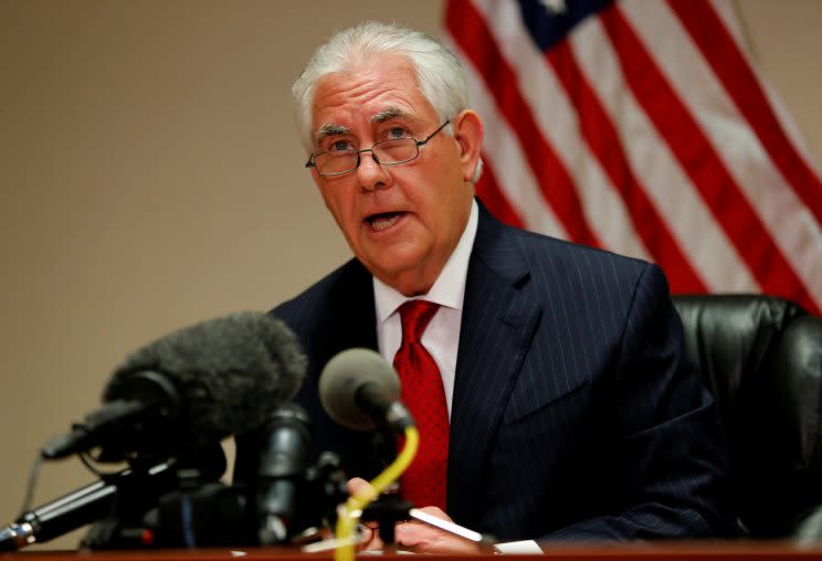 Tillerson speaks to reporters at Palm Beach International Airport in West Palm Beach, Fla., on Thursday. (Joe Skipper/Reuters)