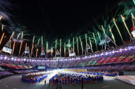 Fireworks explode over the stadium during the Closing Ceremony on Day 16 of the London 2012 Olympic Games at Olympic Stadium on August 12, 2012 in London, England. (Photo by Mike Hewitt/Getty Images)