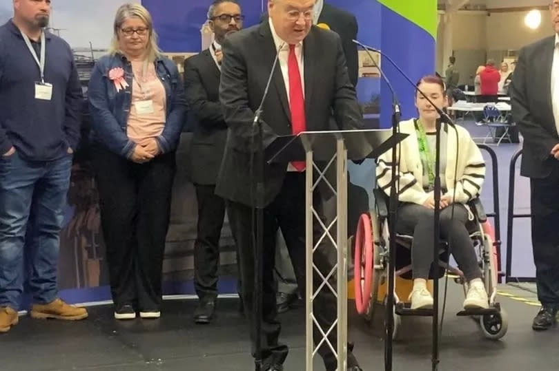 Sir Alan Campbell MP, delivering his vcitory speech at Parks Sports Centre, North Shields.