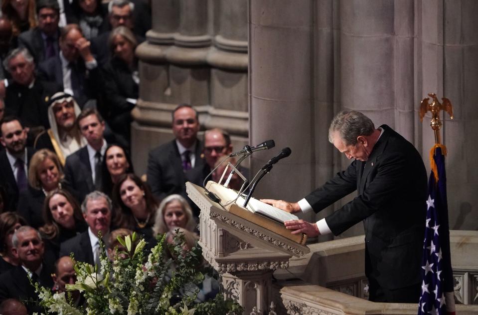 Former President George W. Bush speaks during the funeral service for former President George H. W. Bush at the National Cathedral in Washington, D.C., on Dec. 5, 2018. (Photo: Mandel Ngan/AFP/Getty Images)