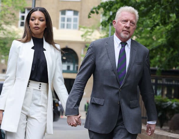 PHOTO: Boris Becker and Lilian de Carvalho arrive at Southwark Crown Court, Apr. 29, 2022, in London. (Neil Mockford/GC Images via Getty Images)