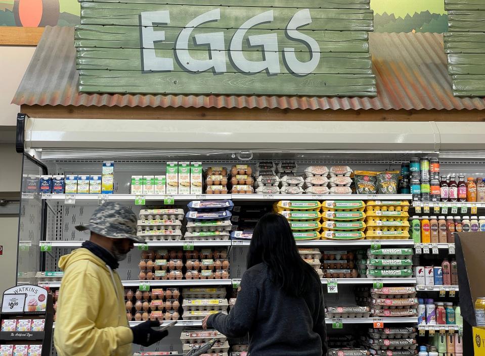Customers shop for eggs at a Sprouts grocery store on April 12, 2023 in San Rafael, California. According to a report by the Bureau of Labor Statistics, the average price of eggs is nearly double its price in 2019.