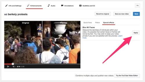 YouTube Apply button for Blur All Faces