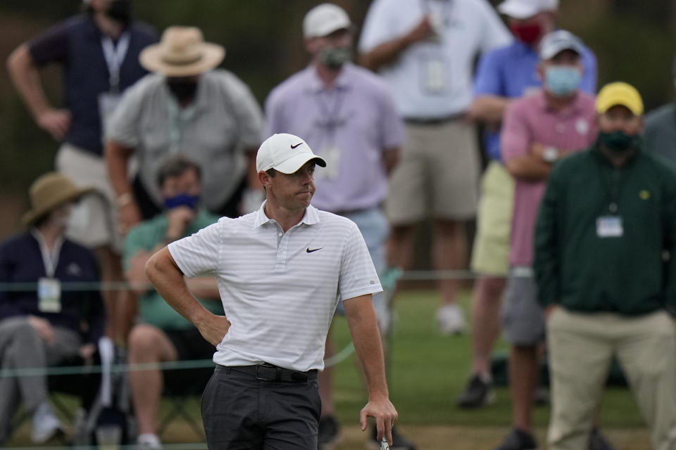 Rory McIlroy, of Northern Ireland waits to putt on the 18th green during the second round of the Masters golf tournament on Friday, April 9, 2021, in Augusta, Ga. (AP Photo/Matt Slocum)