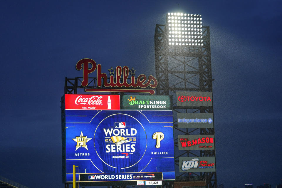 Rain falls at the Citizens Bank Park before Game 3 of baseball's World Series between the Houston Astros and the Philadelphia Phillies on Monday, Oct. 31, 2022, in Philadelphia. The game was postponed by rain Monday night with the matchup tied 1-1. (AP Photo/Matt Rourke)