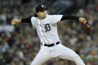 Detroit Tigers starting pitcher Casey Mize throws against the Kansas City Royals in the first inning of a baseball game, Friday, Sept. 24, 2021, in Detroit. (AP Photo/Jose Juarez)