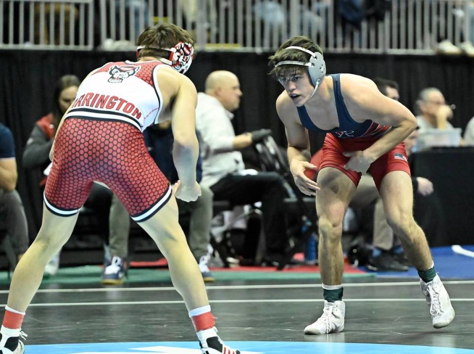 Penn’s Jude Swisher, who is a Bellefonte graduate, looks for an opening on North Carolina State’s Jackson Arrington in their 149 pound first round match of the NCAA Championships on Thursday, March 21, 2024 at T-Mobile Center in Kansas City, Mo. Arrington, who is a former District 6 wrestler, topped Swisher, 11-3.