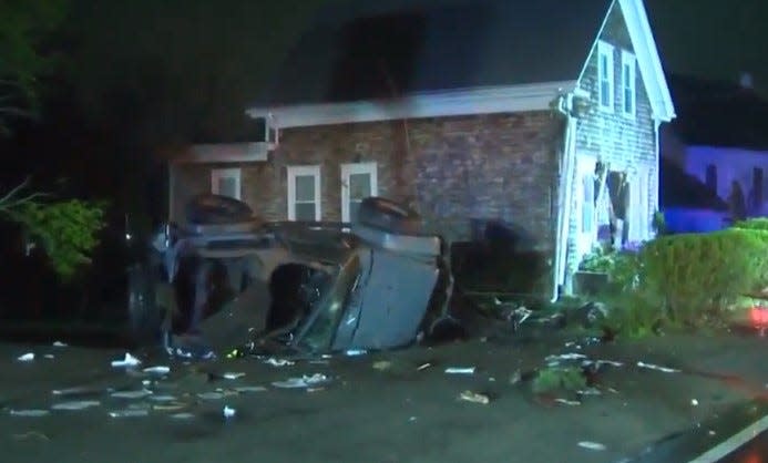 A Jeep struck a house in Weymouth early Wednesday, April 27, 2022.