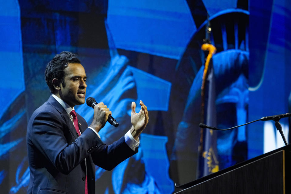 FILE - Vivek Ramaswamy speaks at the National Rifle Association Convention in Indianapolis, Friday, April 14, 2023. (AP Photo/Michael Conroy, File)