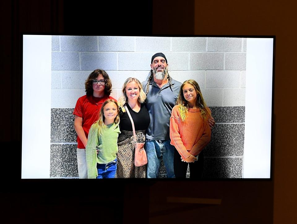 Funeral services were held for Jamin Pugh, a pro wrestler known as Jay Briscoe, Jan. 29, 2023, at Laurel High School. Pugh is shown with his wife, Ashley, and three children, son Gannon and daughters Gracie and Jayleigh.