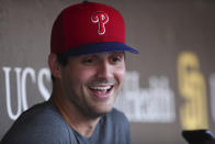 Philadelphia Phillies relief pitcher Mark Appel talks to reporters before the team's baseball game against the San Diego Padres, Saturday, June 25, 2022, in San Diego. Mark Appel, the 2013 No. 1 overall draft pick, received his first major league call-up Saturday at the age of 30. (AP Photo/Derrick Tuskan)