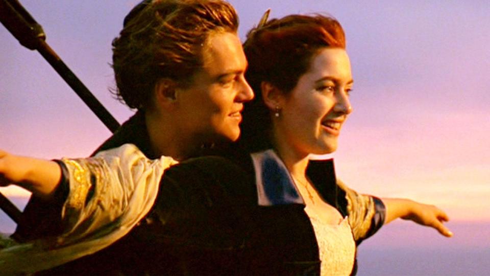 Leonardo DiCaprio with Kate Winslet with iconic Titanic ship pose