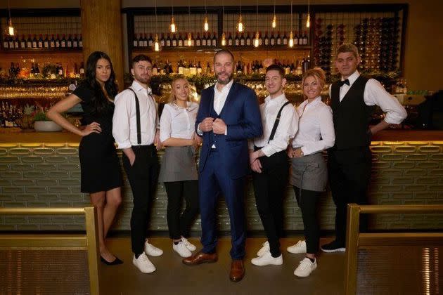 The First Dates Manchester team (L-R): Fiona, Grant, Daniella, Fred, David, CiCi and Merlin (Photo: Channel 4 )